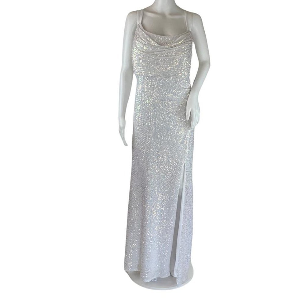 Nightway Women's Elegante Shimmer Evening Gown Plus Dress Sequins White Sz 14W